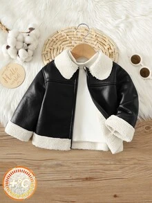 SHEIN 男嬰加厚保暖內裡長袖翻領夾克冬季外套，百搭舒適 - 黑色 - 查看 8