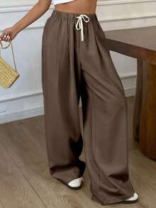 Livesso Petite Women's Solid Color Drawstring Waist Casual Daily Long Pants - Brown - View 5