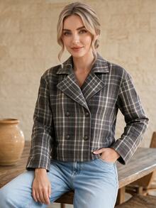 EMERY ROSE Women's Plaid Casual Versatile Daily Office Outing Overcoat Grey Plaid Autumn Winter Coat - Multicolor - View 5
