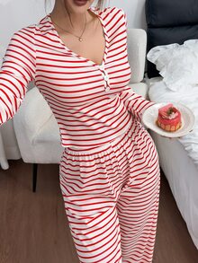 Napfluff Women's Knit Striped Print V-Neck Long Sleeve Pants Loungewear Set - Multicolor - View 5