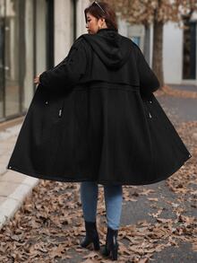 Reflora Women Plus Size Autumn/Winter Loose Waist Drawstring Mid-Length Jacket - Black - View 2