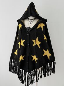 Sunspun Plus Size Fashion Star Pattern Button Front Cardigan Shawl - Black - View 5