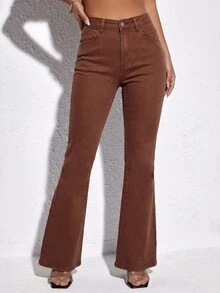 SHEIN PETITE Zipper Button Pocket Solid Color Flare Jeans - Brown - View 5