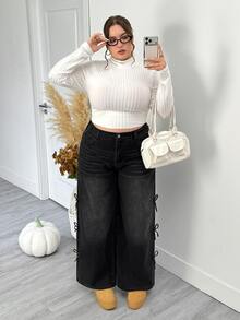 SHEIN CURVE+ Jeans Denim Wanita Plus Size Kasual untuk Harian dan Traveling dengan Saku dan Kancing - Hitam - View 6