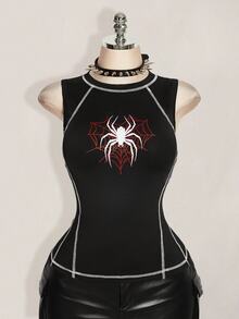 SHEIN ICON Plus Size Women Spider Pattern Sleeveless Round Neck Fashion Tank Top - Black - View 3