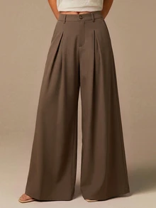 COSMINA Women's Pleated Wide Leg Dress Pants Elegant Commute Coffee Color Autumn/Winter Women's Suit Pants - Coffee Brown - View 1