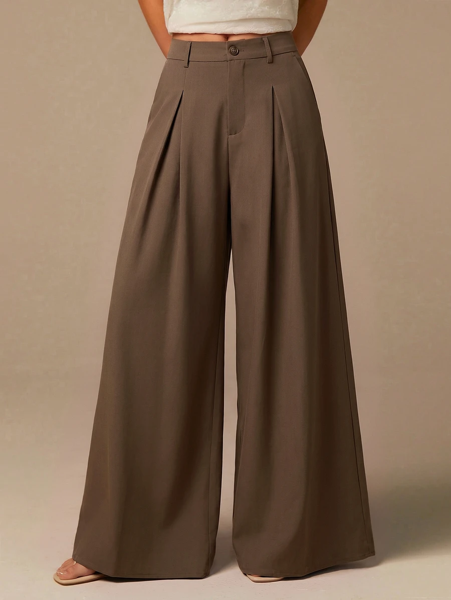 COSMINA Women's Pleated Wide Leg Dress Pants Elegant Commute Coffee Color Autumn/Winter Women's Suit Pants - Coffee Brown - View 1