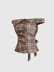 Sweetness Vintage Plaid Off-Shoulder Waist-Cinching Women's Blouse, Autumn/Winter - Multicolor - View 3