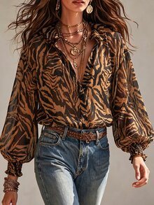 Trelyra Women's All-Over Print Casual Versatile Daily Wear Shirt - Brown - View 3