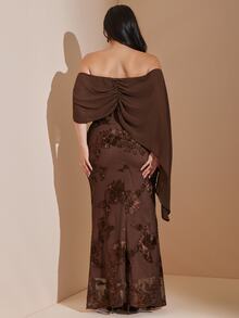 SHEIN CURVE+ 大尺碼女款露肩花卉刺繡網紗拼接洋裝，棕色秋冬優雅1920年代風，適合婚禮正式場合，5XL-8XL - 棕色 - 查看 7