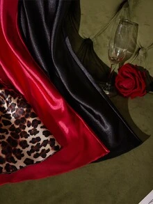 SilkySpell Women's Home Wear Dress 3-Piece Set Black Red Leopard Print Faux Silk Backless Nightgown - Multicolor - View 6