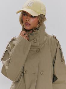 MUSERA High Funnel Neck Double Button Front Oversized Cropped Trench Style Jacket Fall Autumn Winter Daily Everyday Outerwear - Khaki - View 5