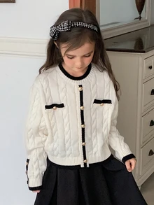 DAZY Tween Girl Round Neck Colorblock Long Sleeve Autumn/Winter Fashion Knit Cardigan - Apricot - View 7