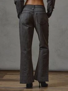 MUSERA Celana Jeans Denim Hitam Model Fitted Flare dengan Detail Militer untuk Musim Gugur dan Musim Dingin, Cocok untuk Sehari-hari, Kembali ke Sekolah, dan Aktivitas Militer lainnya. - Grey - View 5