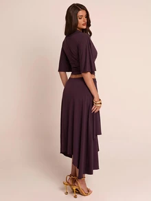 SHEIN BAE Fall Winter Deep Purple High Neck Loose Crop Top Layered Asymmetric Midi Skirt Two Piece Set Elegant Outfit - Brown - View 2