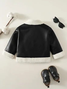 SHEIN 男嬰加厚保暖內裡長袖翻領夾克冬季外套，百搭舒適 - 黑色 - 查看 2