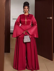 Maweii Plus Size Women's Vintage Solid Color Flare Long Sleeve Hollow V-Neck Chiffon Wide Leg Pants 2 Pieces Set Fall - Red - View 1