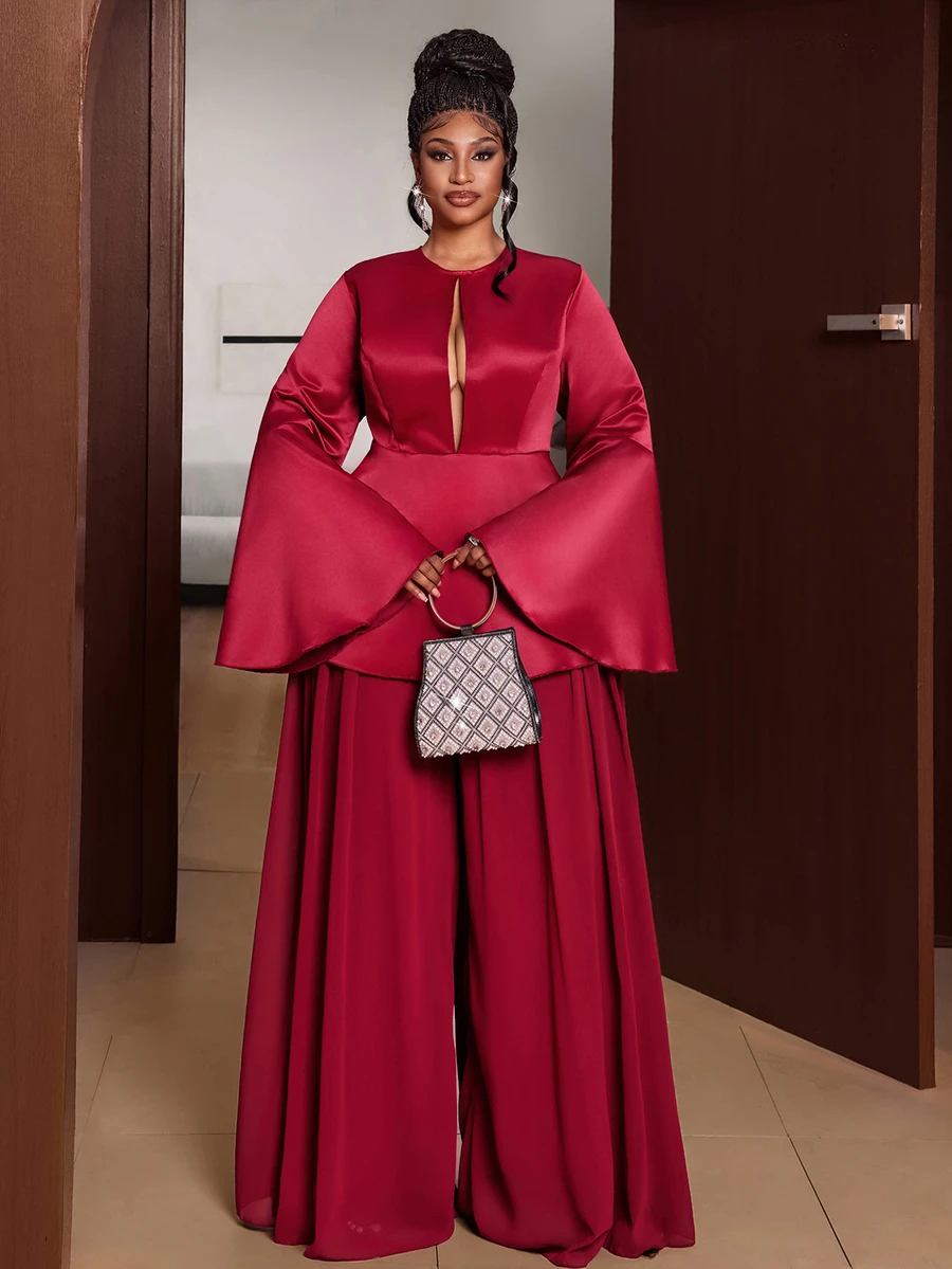 Maweii Plus Size Women's Vintage Solid Color Flare Long Sleeve Hollow V-Neck Chiffon Wide Leg Pants 2 Pieces Set Fall - Red - View 1