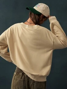 Bohemela Women's Round Neck Drawstring Tie Long Sleeve Solid Color Sweatshirt Everyday Beige Autumn Casual Streetwear - Apricot - View 7