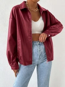 SHEIN EZwear 秋冬款落肩拉鍊PU短版皮夾克外套 - 玫瑰紅 - 查看 4