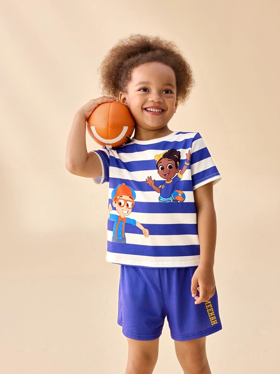 Blippi X SHEIN Young Girl Striped Round Neck Short Sleeve T-Shirt And Shorts Set - Purple - View 1