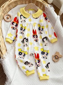 THE POWERPUFF GIRLS X SHEIN 女嬰卡通印花彼得潘領長袖連身衣 - 黃色 - 查看 8