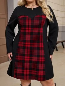 EMERY ROSE Plus Size Women Minimalist Retro Commute Style Textured Patchwork Ant Fabric Dress, Suitable For Christmas Outfit, Daily Commute, Casual Shopping, Light Party Wear - Black - View 8