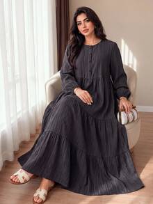 Al Najma Women's Elegant Minimalist Round Neck French Chic High-End Long Sleeve Plus Size Arabian Dress - Multicolor - View 7