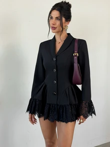 Firerie Women's Shawl Collar Single-Breasted Lace Long Sleeve Pleated Jacket - Black - View 4