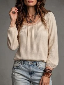 Glimmora New Women's Fashion Casual Versatile Raglan Sleeve Ribbed Lace Patchwork Long Lantern Sleeve T-Shirt - Multicolor - View 4