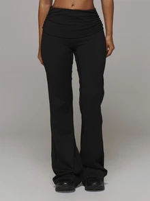 Musera Sport Fold Over Ruched Waist Logo Back Fitted Flare Wide Leg Yoga Style Leggings Sport Essentials Gym Workout Basics Autumn Fall Winter - Black - View 2