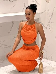 Slaydiva 女款性感短版百褶掛脖上衣與長裙兩件套 - 橘色 - 查看 4