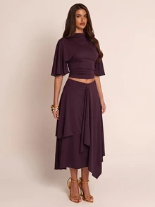 SHEIN BAE Fall Winter Deep Purple High Neck Loose Crop Top Layered Asymmetric Midi Skirt Two Piece Set Elegant Outfit - Brown - View 5