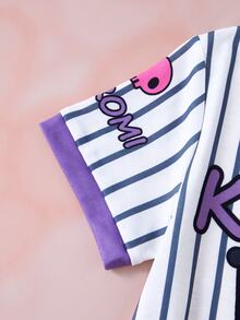 HELLO KITTY AND FRIENDS | SHEIN Tween Girl Cartoon Print Striped Short Sleeve Round Neck Dress - White - View 6
