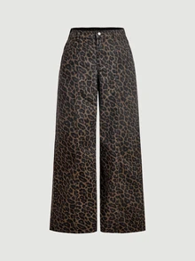 SHEIN Tall CURVE Plus Size Women's Button Leopard Print Casual Daily Wear Denim Jeans - Multicolor - View 6