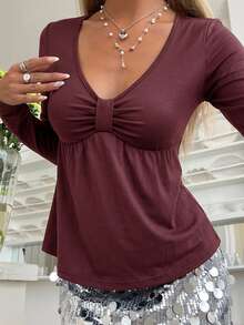 DAZY Women's V-Neck Solid Color Fashion Long Sleeve T-Shirt - Pink - View 3