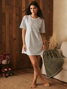 Lullawish Gaun Tidur Harian Kasual Wanita Motif Garis Punggung Terbuka untuk di Rumah - MultiWarna - View 3