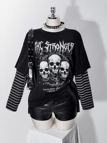 SHEIN ICON Women Plus Size Letter Skull Print Patchwork Striped 2 In 1 T-Shirt - Black - View 1