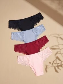 Lullawish 4PCS Women Contrast Lace Comfortable Briefs - Multicolor - View 5
