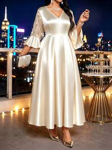 SHEIN Lady CURVE Plus Size V-Neck Flared Sleeve Rhinestone Tassel A-Line High Waist Dress - Apricot - View 6