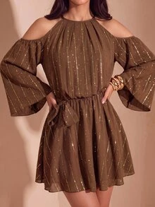 Bluhae Elegant Summer Coffee-Colored Silver Glitter Dress, Halter Neck Cold Shoulder Batwing Sleeve Tie-Up Party Outfit - Coffee - View 1