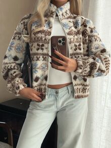 CovetEZ Women's High Neck Zipper Fleece Texture Fashion Jacket - Khaki - View 4