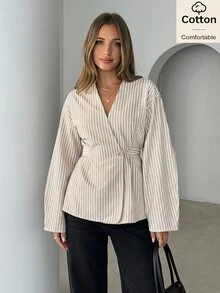 Siren Gaze Women's Casual Button Waist Cinched Striped Blazer Jacket - Multicolor - View 5
