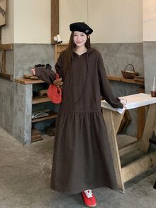 DAZY Women's Casual Hooded Long Sleeve Midi Dress - Brown - View 4