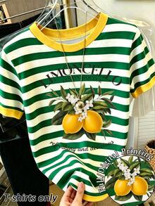 Resyla Limoncello Lemon Floral Striped Tee Women Contrast Yellow Trim Short Sleeve T-Shirt - Multicolor - View 1