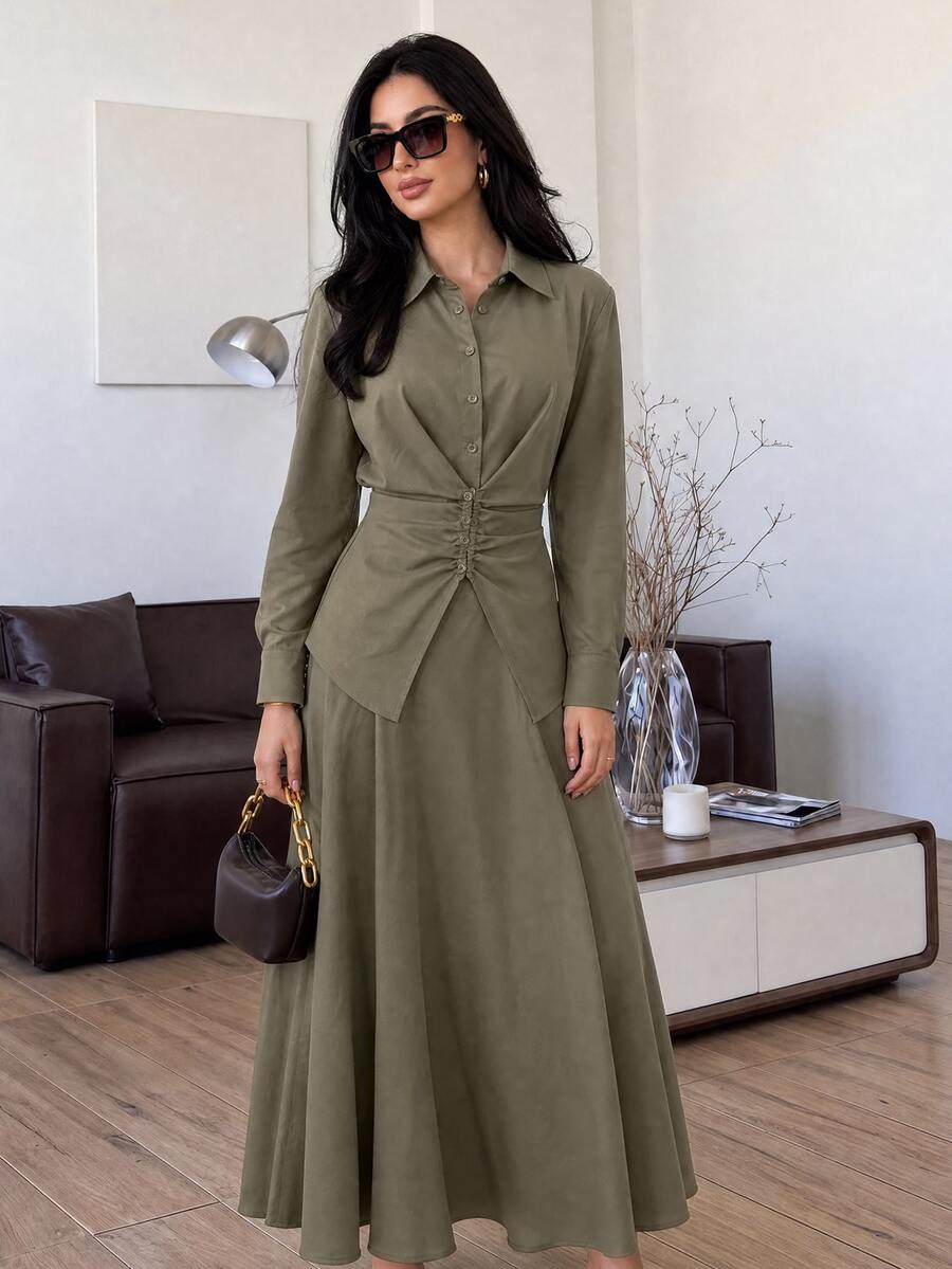 Solavon Women's Solid Color Pleated Long Sleeve Top And Skirt Casual 2 Pieces Set - Army Green - View 1