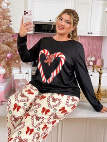 Slumberry CURVE Plus Size Women's Cartoon Print Long Sleeve Top And Pants Casual Daily Home Sleepwear Set - Multicolor - View 5