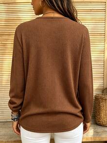 EMERY ROSE Women's Casual Knit Pullover Long-Sleeved Herringbone Sweater With Half-Open Neckline - Brown - View 2