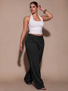 SHEIN BAE CURVE 大尺碼女款條紋寬腿高腰西裝長褲 - 黑色 - 查看 5