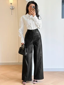 Modelyn Women's Solid Color High Waist PU Leather Wide Leg Loose Elegant Long Pants - Black - View 3